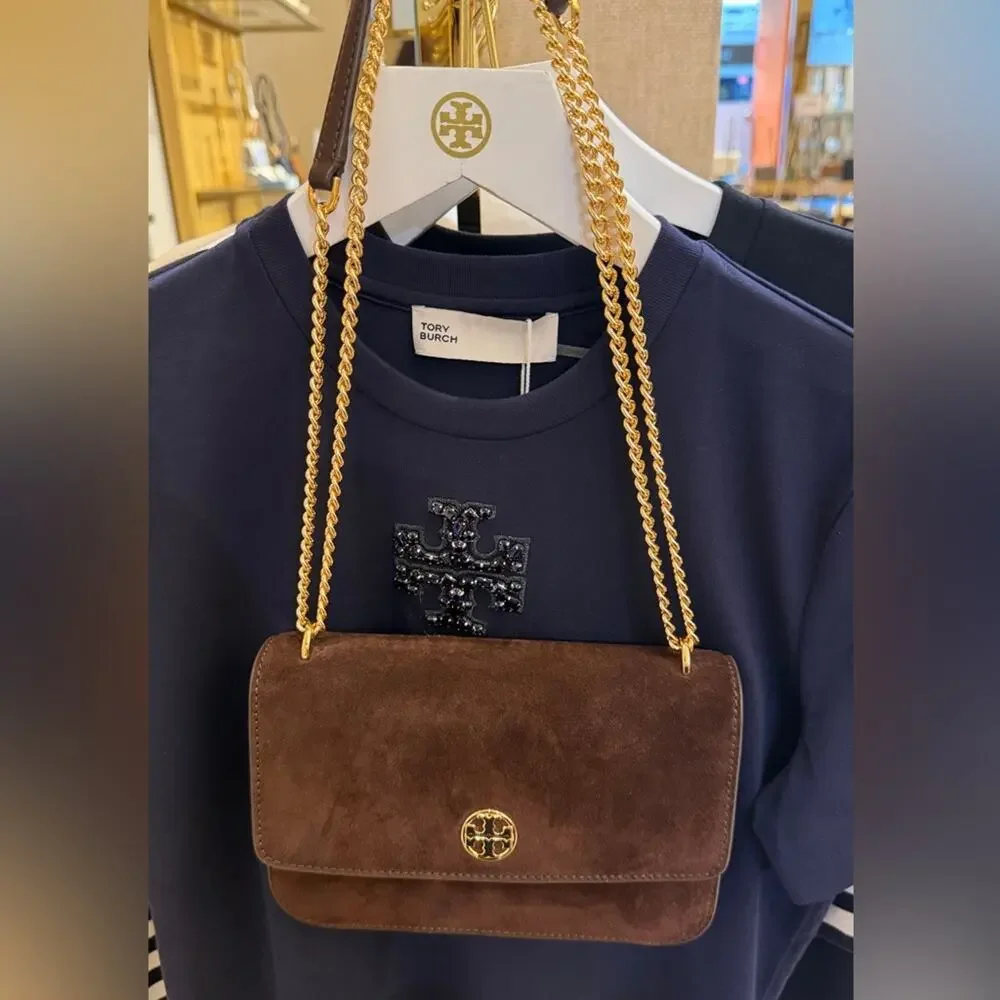 Tory Burch Leather Flap Chain Crossbody Bag New suede chocolate brown